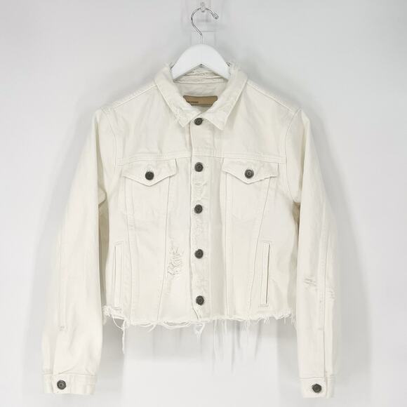 GRLFRND Cara Cropped Denim Jacket Women’s Size Large Vienna Raw Hem Distressed - Picture 2 of 6